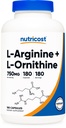 Nutricost L-arginin L-Ornithine 750 mg; 180 kapsler