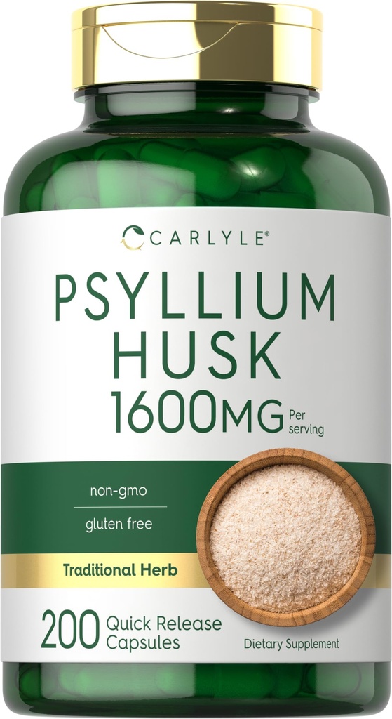 Carlyle Psyllium Husk kapsler 1600mg | 200 greve | høy potens Fiber Supplement | Ikke-GMO, Glutenfri