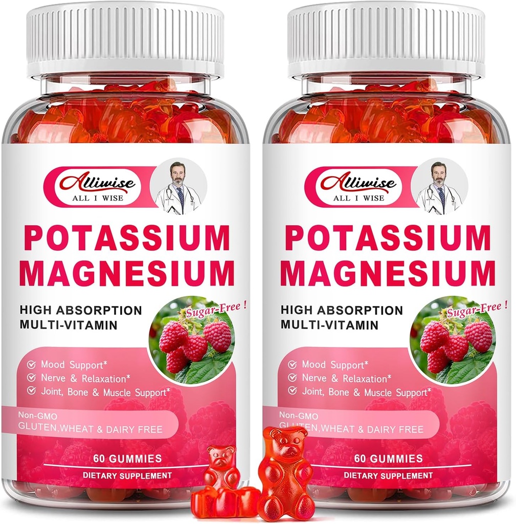 2 Pack Kalium Magnesium Supplement Gummier - Kalium Citrat & Magnesium Glycinat for Ben Kramper & Muskel, Mood & Relaxation, Energi støtte med vitamin B6, D3, C bringebær Flavor