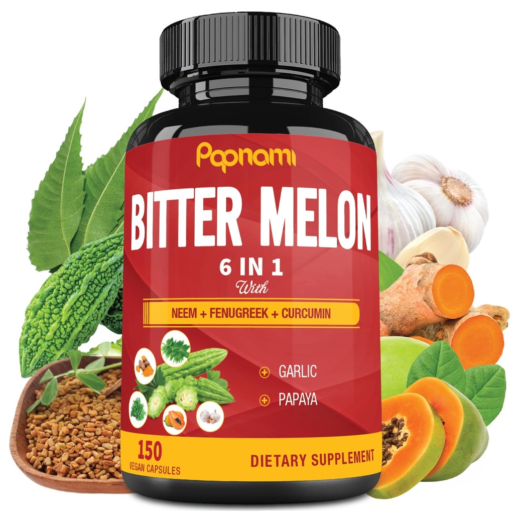 Organic Bitter Melon Extract Capsules - Kombinert Neem, Fenugreek, Curcumin, hvitløk og papaya - 150 Antall i 5 måneder - Støtter kroppen, Digestiv, hud, Immun & Overordnet velvære