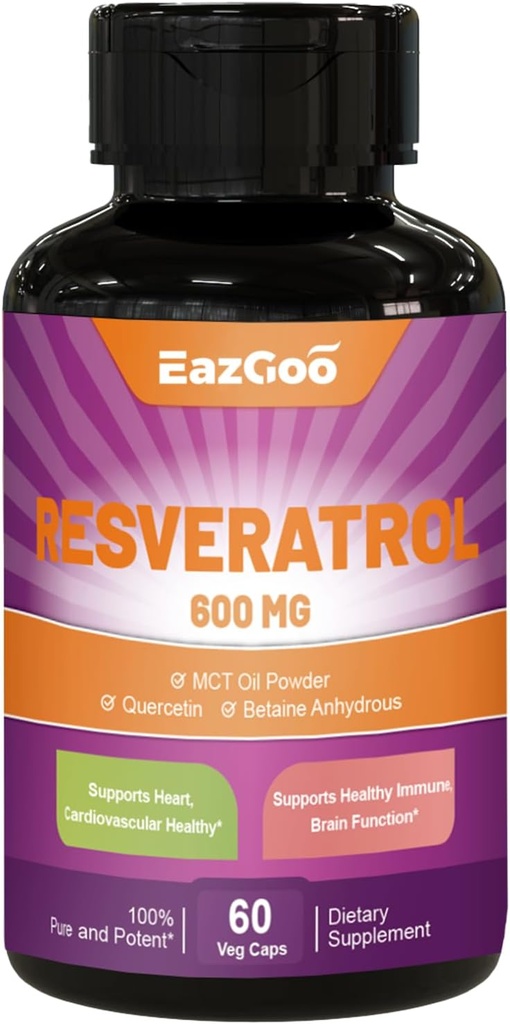 Resveratrol 600 mg, Trans-Resveratrol Supplement, Antioksidant helse eldre støtte, 60 kapsler