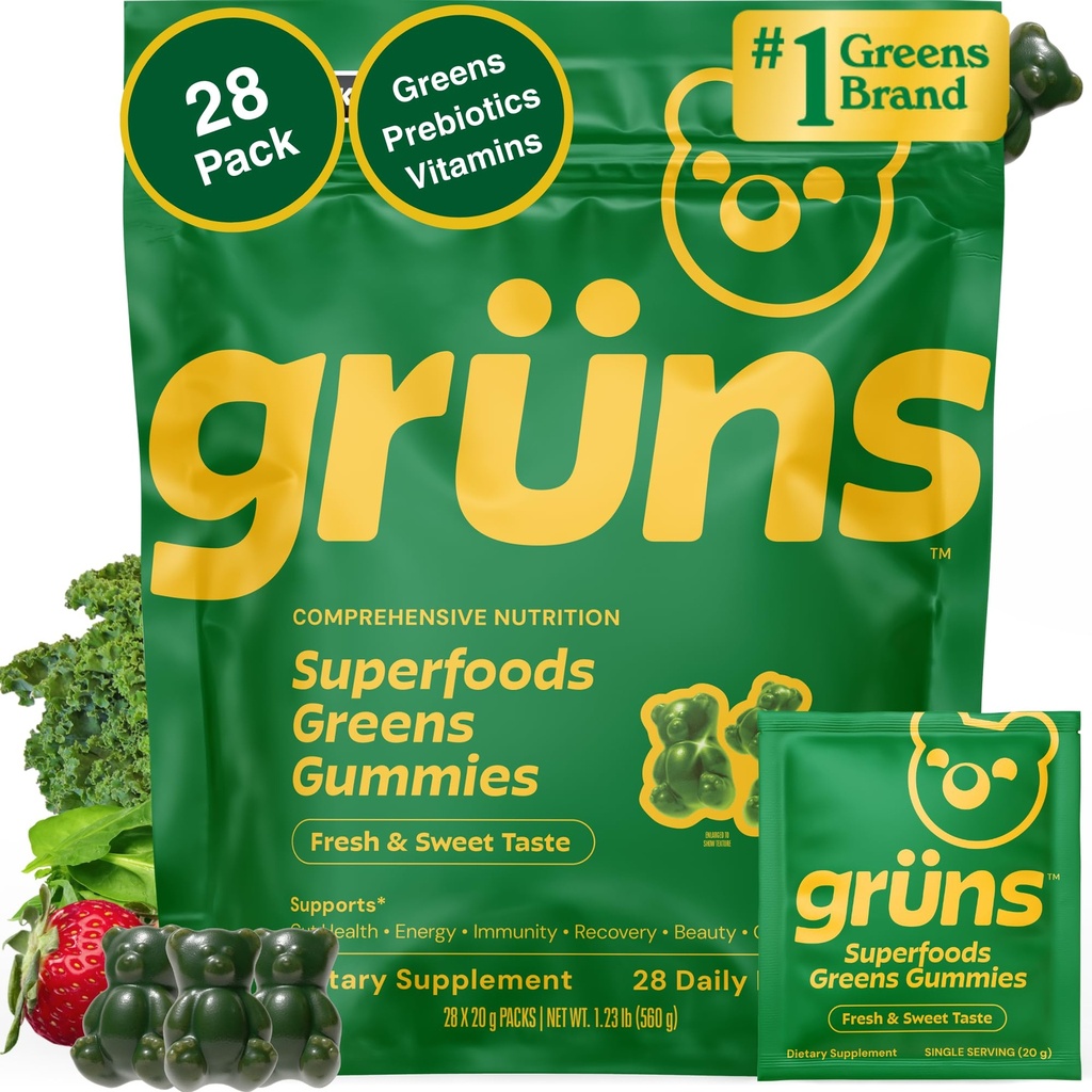 Gruns voksen Super Greens Multivitamin Gummies, Superfood Gummy vitaminer for kvinner og menn med Spirulina, Klorella, Adaptogens & Prebiotic Fiber for Digestive Helse (28 Count)