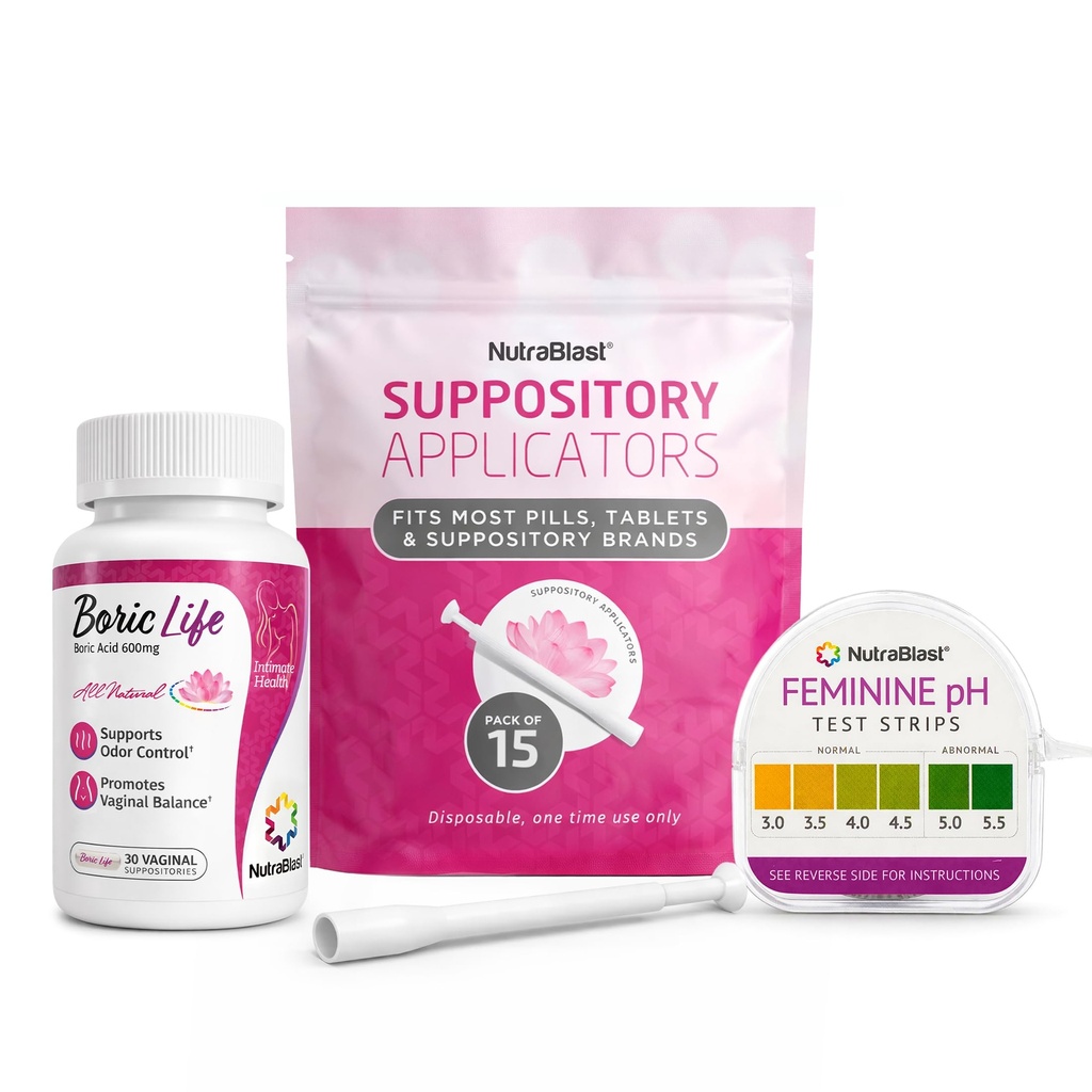 NutraBlast Borsyre Vaginal Suppositories 600mg (30mg) m/disponerbare Vaginal Suppository Applikatorer (15-Pack) og Feminin pH-teststriper 3.0-5.5 (100 Tester Roll)