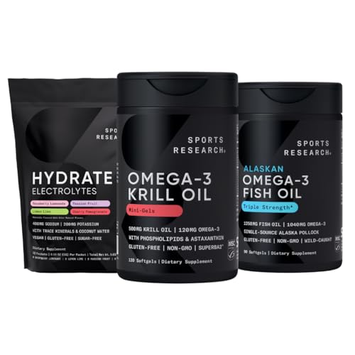 Idrettsforskning Antarktis krill olje Omega 3 Mini-Softgels 500mg med fosfolipider, Choline, Astaxanthin, Triple Styrke Omega 3 Burpless Fish Oil 1250mg, Sukkerfri Multi Flavor Hydrate Electrolytes