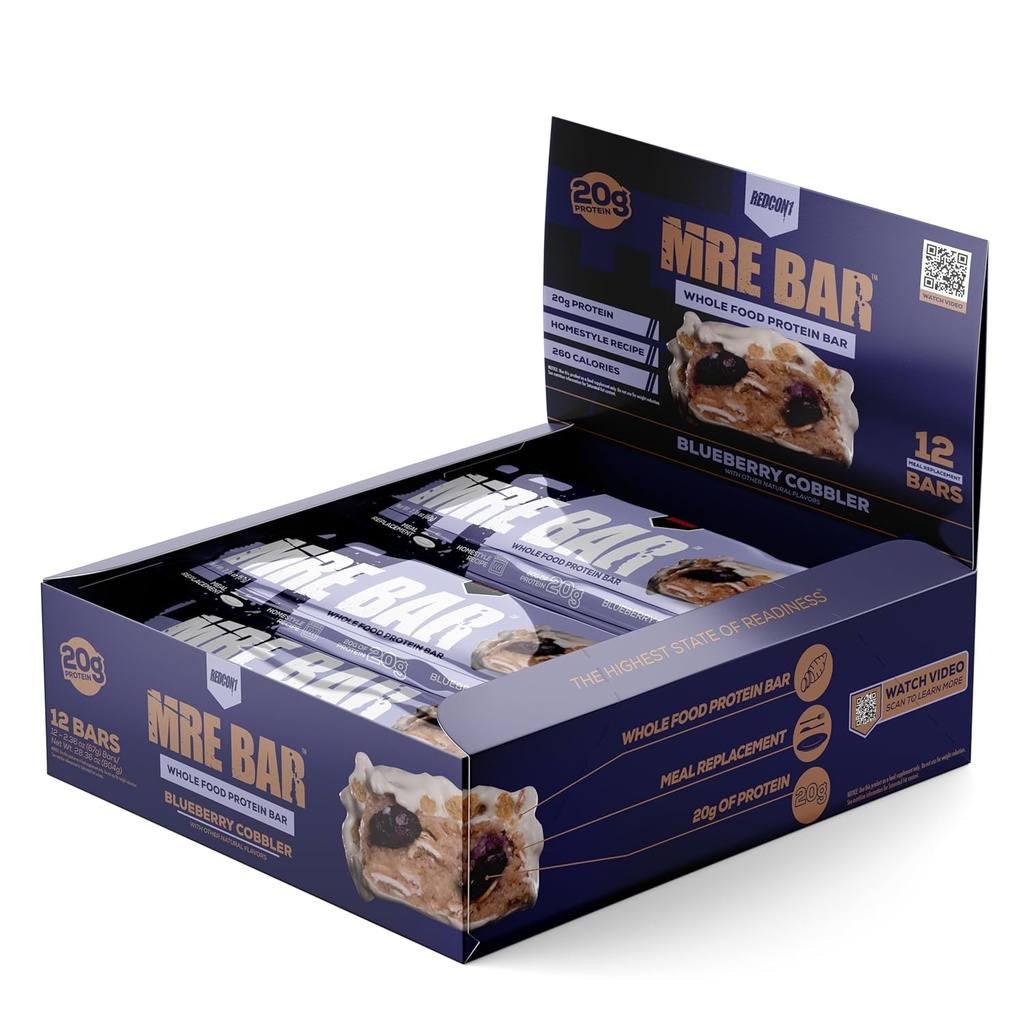 REDCON1 MRE Protein Bar, Blåbær Cobbler - Inneholder MCT Olje + 20g hele mat Protein - lett Disadible, Makro balansert lav sukkermåltid erstatningsbar (12 Bars)