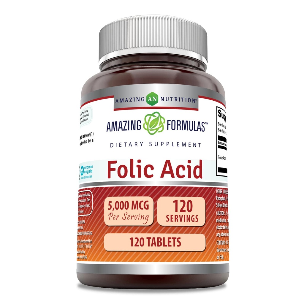 Amazing Formler Folic Acid (Vitamin B9) Supplement | 5000 Mcg per servering | 120 tabletter | Ikke-GMO | Glutenfri | laget i USA