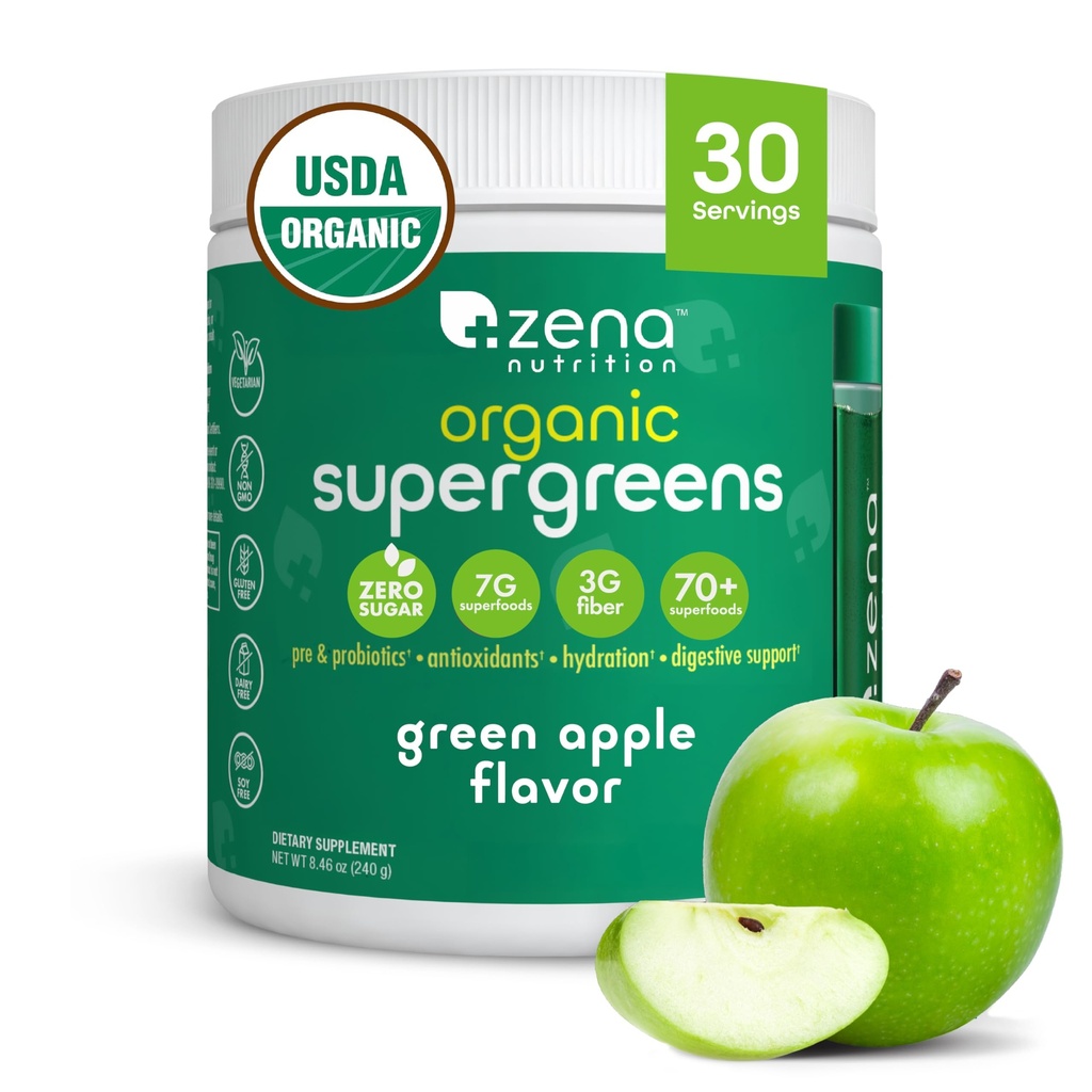 Zena Nutrition Organic Super Greens pulver, 70+ Superfoods, 0 Sukker, 3G Fiber, Spirulina, Klorella, Mushrooms, Prebiotika/Probiotika, Digestive Enzymer for Gut Helse, Grønn Apple, 30 Services