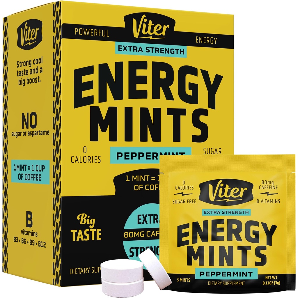 Viter Energi Koffein Mints 80 mg Ekstra styrke - 90 stykker koffeinert med B-vitaminer. Sukkerfri veganpust Mint. Energize Nootropic Focus Booster for rask varsling (Peppermint Flavor, 30 Pack)