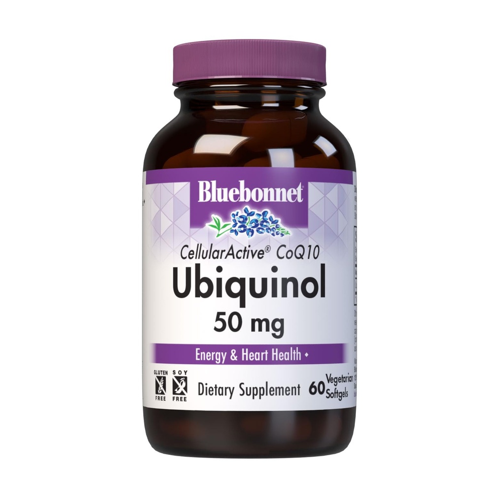 Blåbonnet Ernæring Cellular Active CoQ10 Ubiquinol 50 mg Vegetariske Softgels, Hjarte Helse og Cellular Helse, Ubiquinol fra Kaneka, Ikke GMO, Glutenfri, Soyafri, Melkfri, 60 Vegetariske Softgels