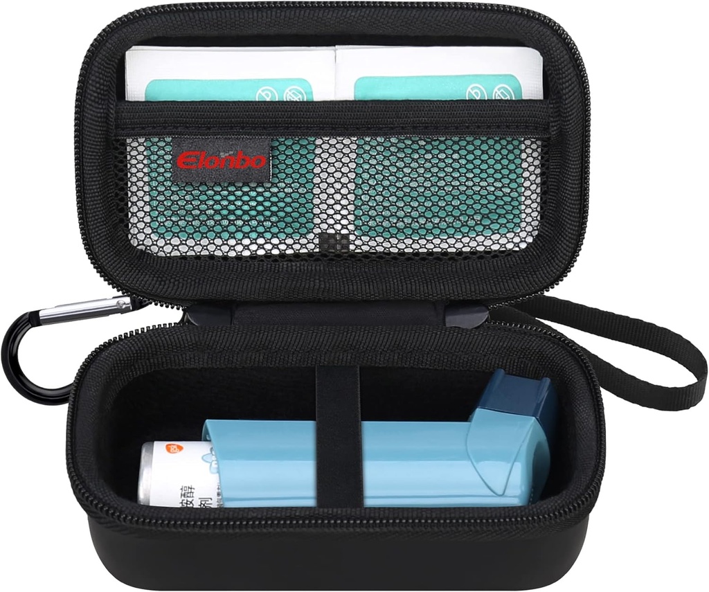 Elonbo Astma Inhaler Carring Case, Reise Organiser Holder Veske for Ventolin Inhaler, Extra Interiør Mesh Pocket passer Astma Medisinering, Black + Inside Black (CASE KUN! Inhaler medisin ikke inkludert)