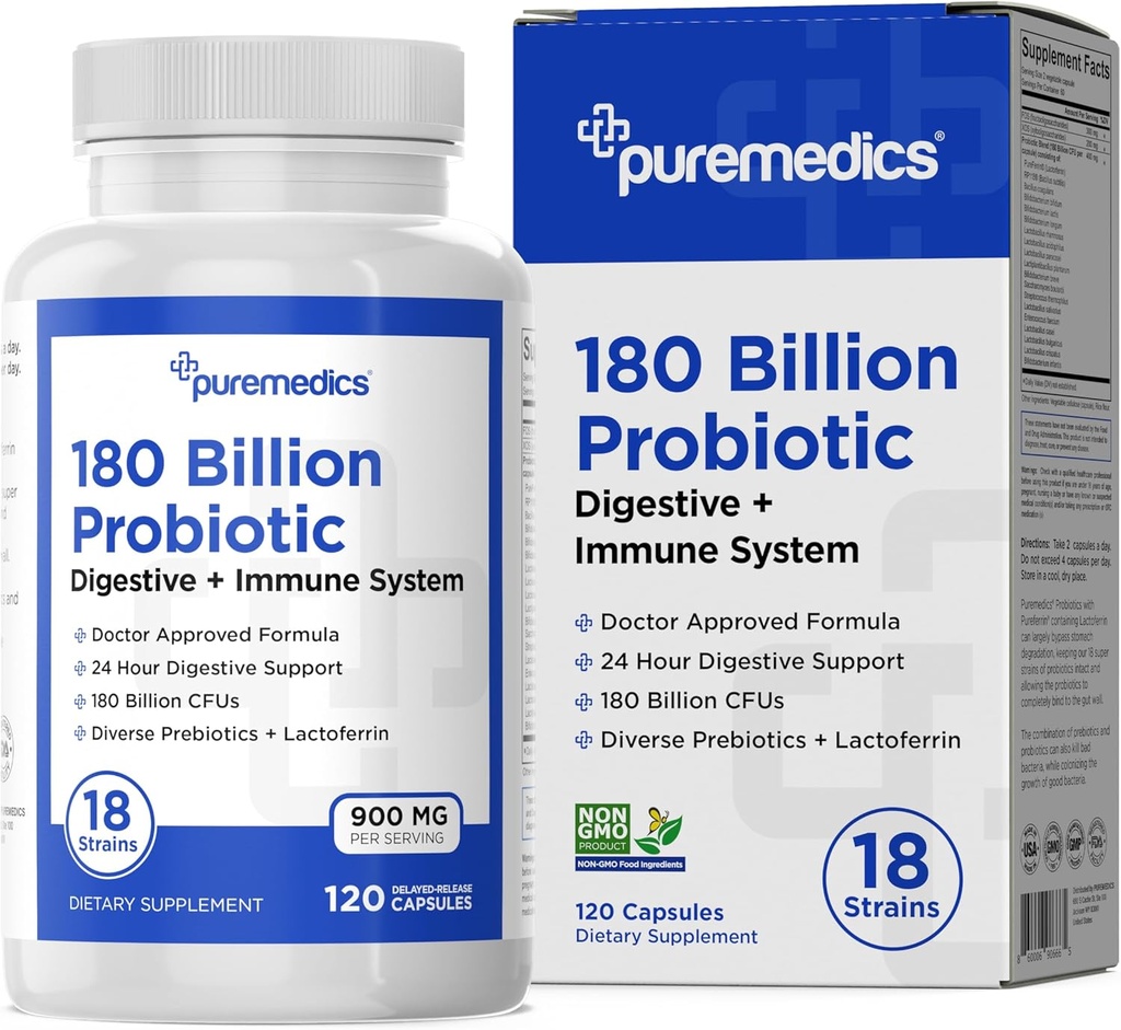 Valg Formel Probiotika 180 milliarder CFU - 18 Strains + Lactoferrin + Prebiotika - Immune, Digestiv & Gut Helse - Diarrea, Gas & Bloating - For kvinner og menn - 120ct