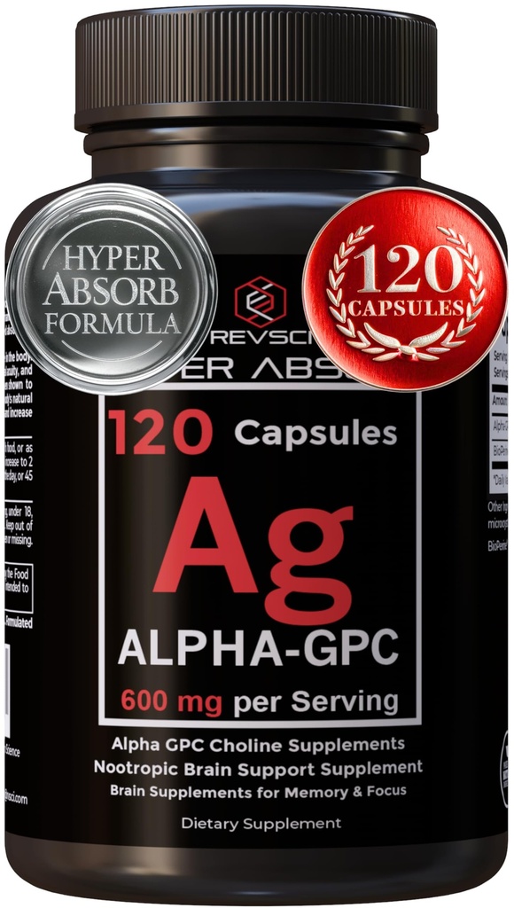 Alpha GPC Supplement & BioPerine for Hyper Absorpsjon - 120 greve, Alpha-GPC 600mg per servering - Nootropics for minne, fokus, energi, og kjøre - Choline Kosttilskudd for å øke Acetylkolin, laget i USA