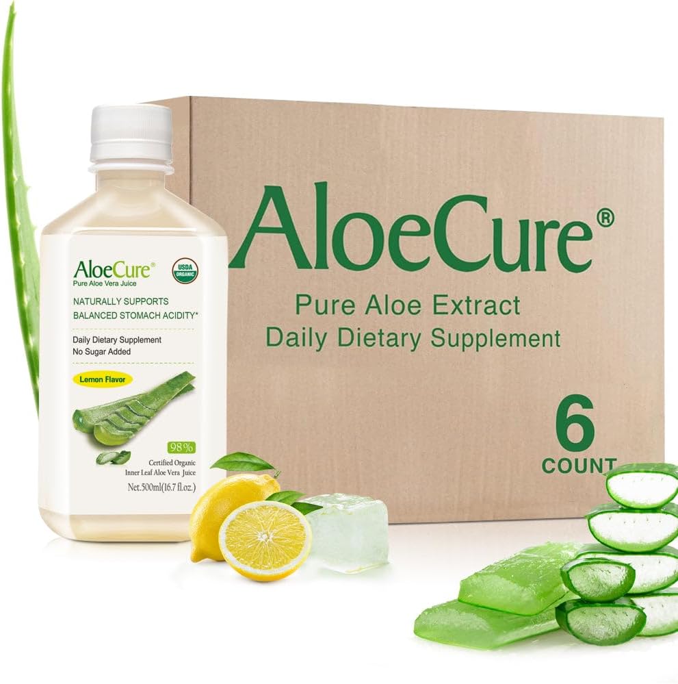 AloeCure USDA Organic Aloe Vera Juice Lemon Flavor - laget innen 12 timers høst - Naturlig Digestiv Supplement for balansert magesyre - Støtte Digestiv og immun helse, 6 Btls x 16.7oz