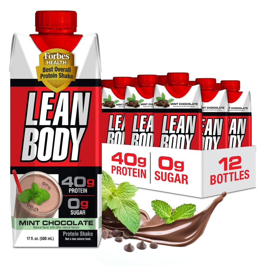 Labrada Lean Body Ready-to-Drink Mint Chokolade Protein Shake, 40g Protein, Whey Blend, 0 Sukker, Glutenfri, 22 vitaminer og mineraler, (Resirkulerbar Carton & Lid - Pakke med 12)