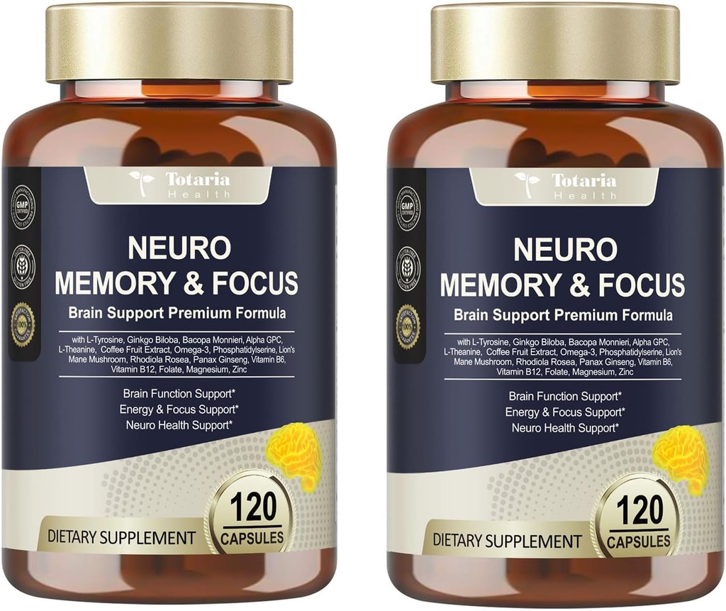 Totaria C-ognitiv med koffeinpiller, L-tyrosin, Alpha GPC, Ginkgo Biloba, Bacopa Monnieri Brain Supplement for hukommelse og fokus, Brain Nootropic Support - Ikke-GMO, Glutenfri (120 antall)