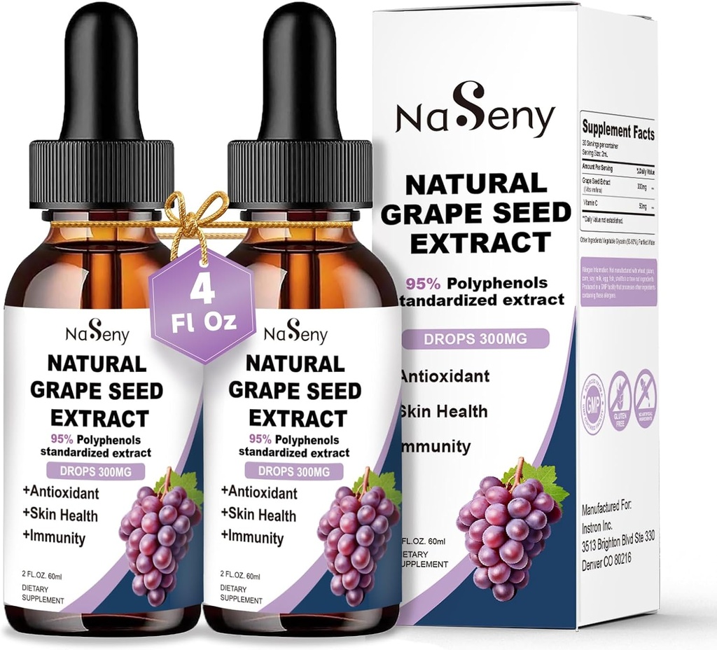 Grapefrøekstrakt flytende dråper standardisert til 95% polyfenoler-300 mg Grapefrø maksimal styrke standardisert tinktur, høy absorpsjon flytende vitifera ekstrakt dråper -Non-GMO (2 flasker)