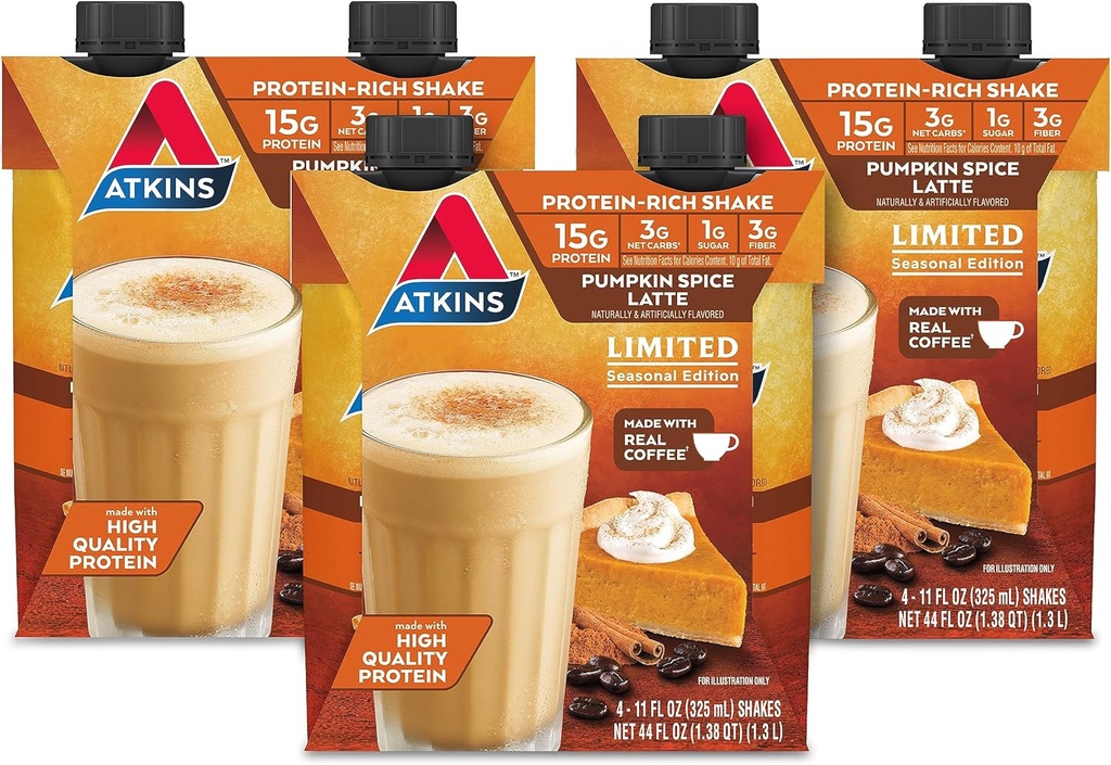 Atkins Pumpkin Spice Latte, 15g Protein, 3g Netto Karbohydrater, 1g Sukker, Lav glykemisk, Keto Vennlig, 12 Count