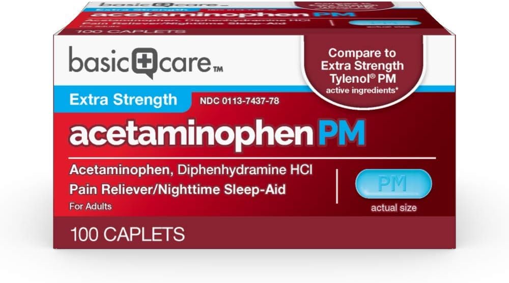 Basic Care Acetaminophen PM, smerte Reliever Plus natt søvnhjelp kaplet, 100 telling