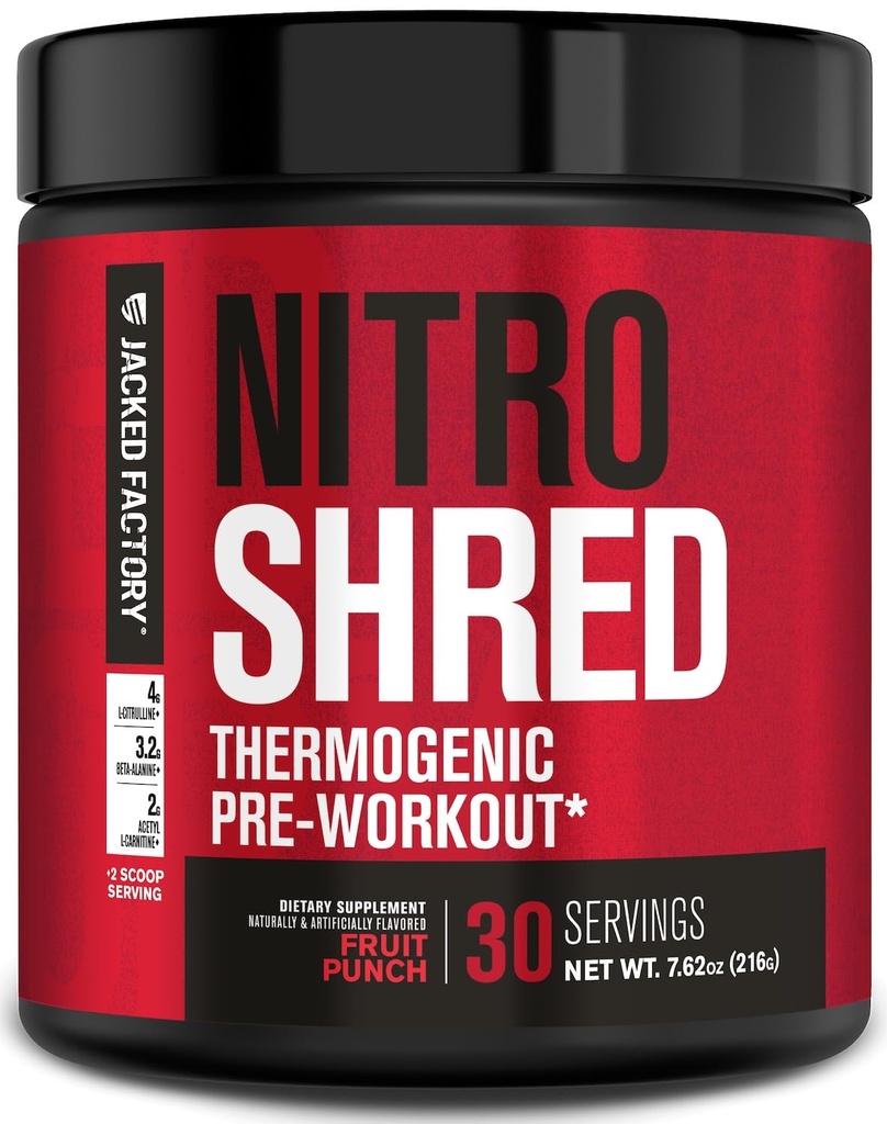 Jacked Factory NITROSURGE Shred Pre Workout Supplement - Energi Booster, Øjebliks styrke gevinster, Sharp Focus, Kraftige pumper - Nitric Oxid Booster & PreWorkout pulver - 30Sv, Fruit Punch