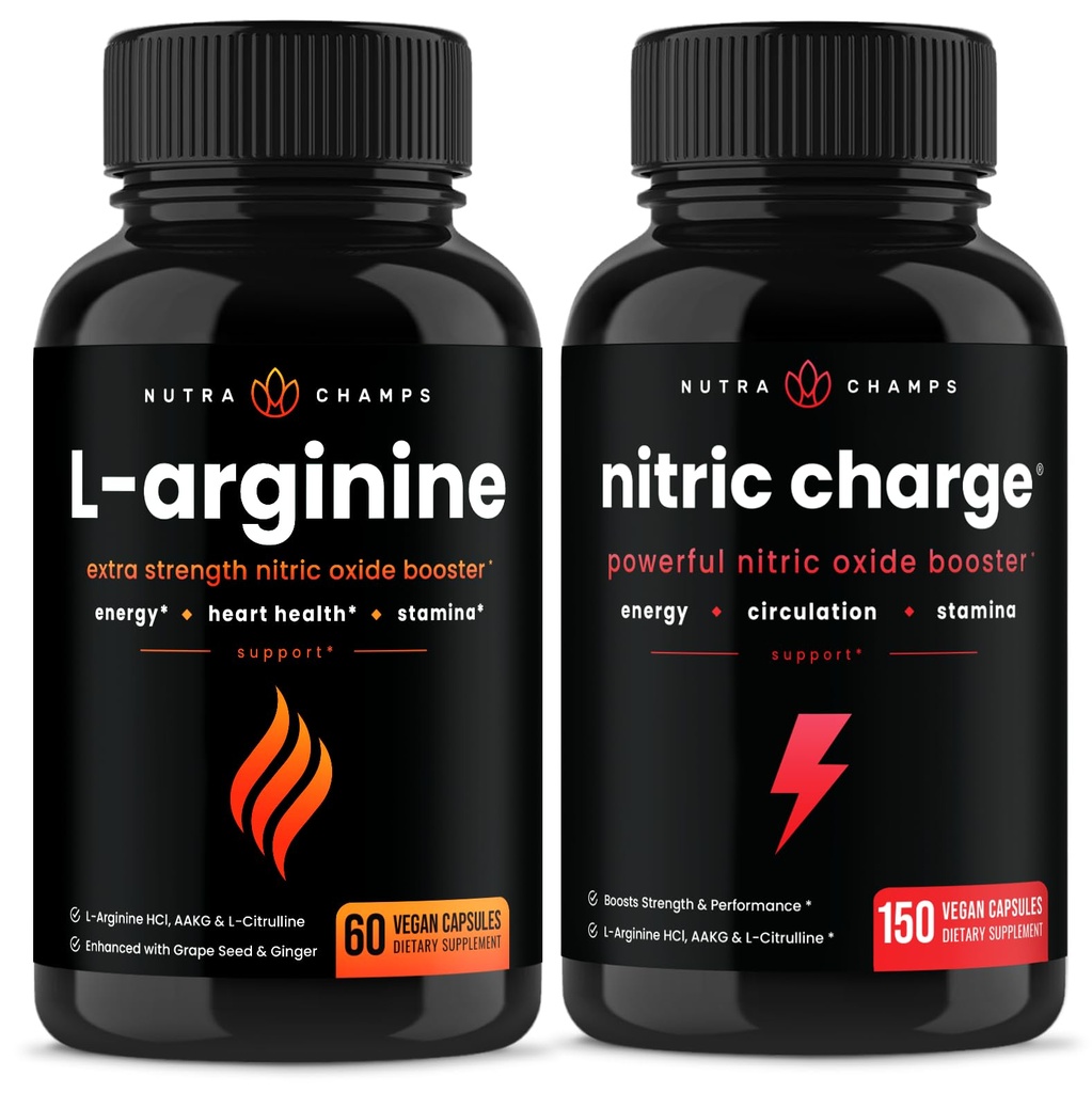 NutraChamps L-Arginine Capsules og Nitric Charge Capsules 2 Pack Bundle