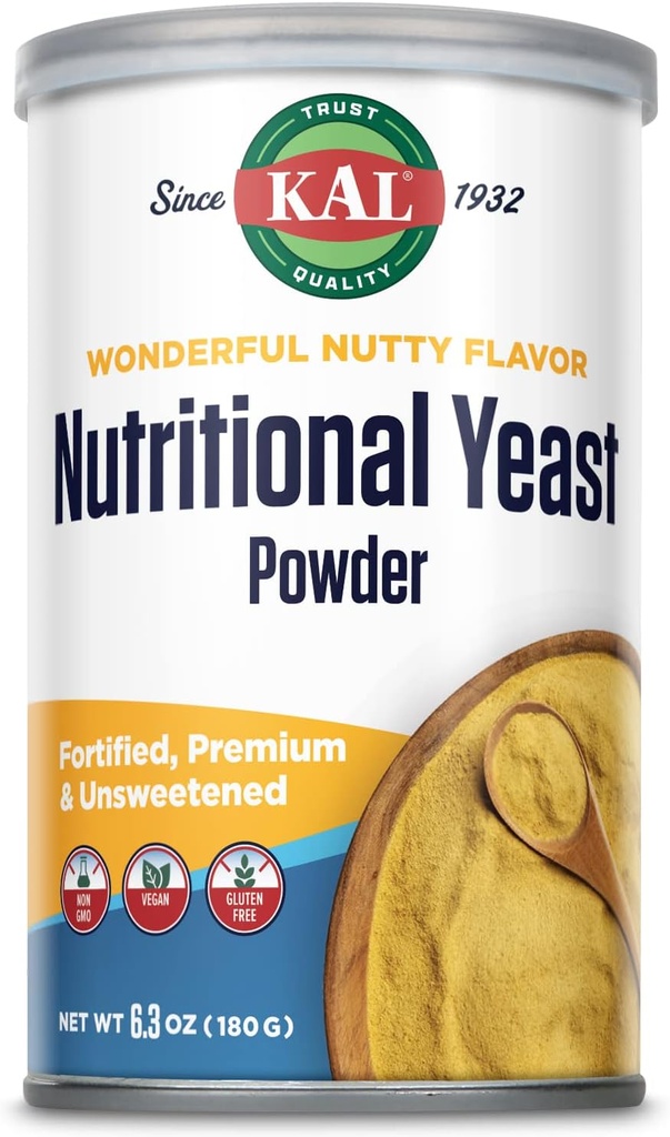KAL Næringsmiddel Yeast pulver, forsterket med B6, B12, Folsyre og andre B vitaminer, premium og usveiset, Great Nutty Flavor, Vegan, Glutenfri, Ikke-GMO, 60-dagers garanti, 20 serveringer, 6.3oz