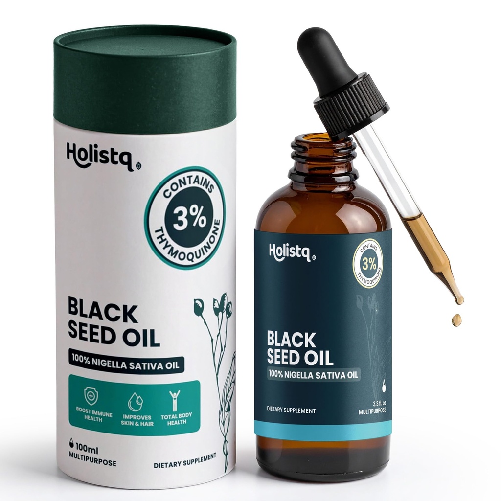 Holistiq Black Seed Oil Organic Cold Pressed Drops | 3% Thymoquinon | Non-GMO & Vegan | Cold Pressed Black Cumin Nigella Sativa Olje for immunstøtte, Aceite de Comino Negro - Drops, 100 ml
