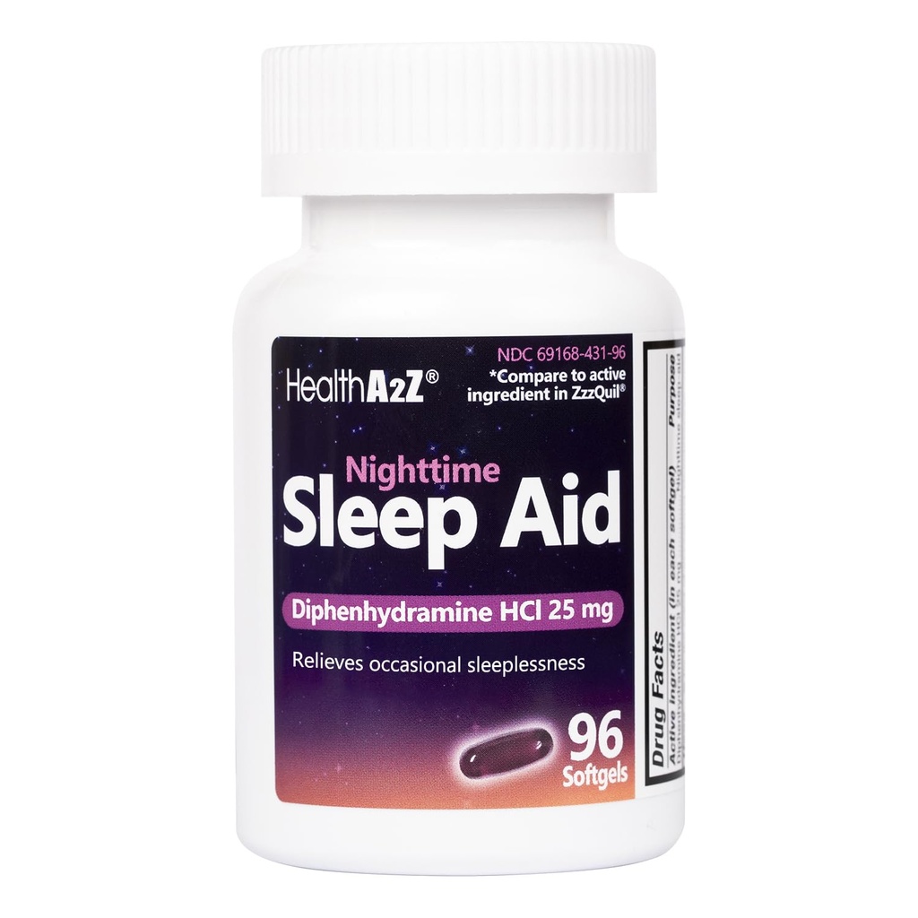 HealthA2Z søvnhjelp, Diphenhydramine HCl 25mg Softgels, støtter dypere, hvilelig sovende, ikke habit-forming (96 Softgels)