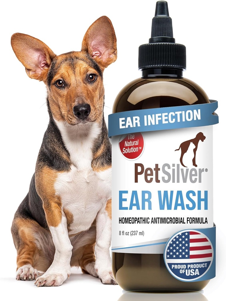 PetSilver Hund Øre Rengjøringsløsning - Gentle ørevask for hunder og katter med Chelated Silver - Otic Rinse Formula Targets Wax Building, Luktfull Odor, og kløe eller irritert områder - laget i USA - 8 fl oz