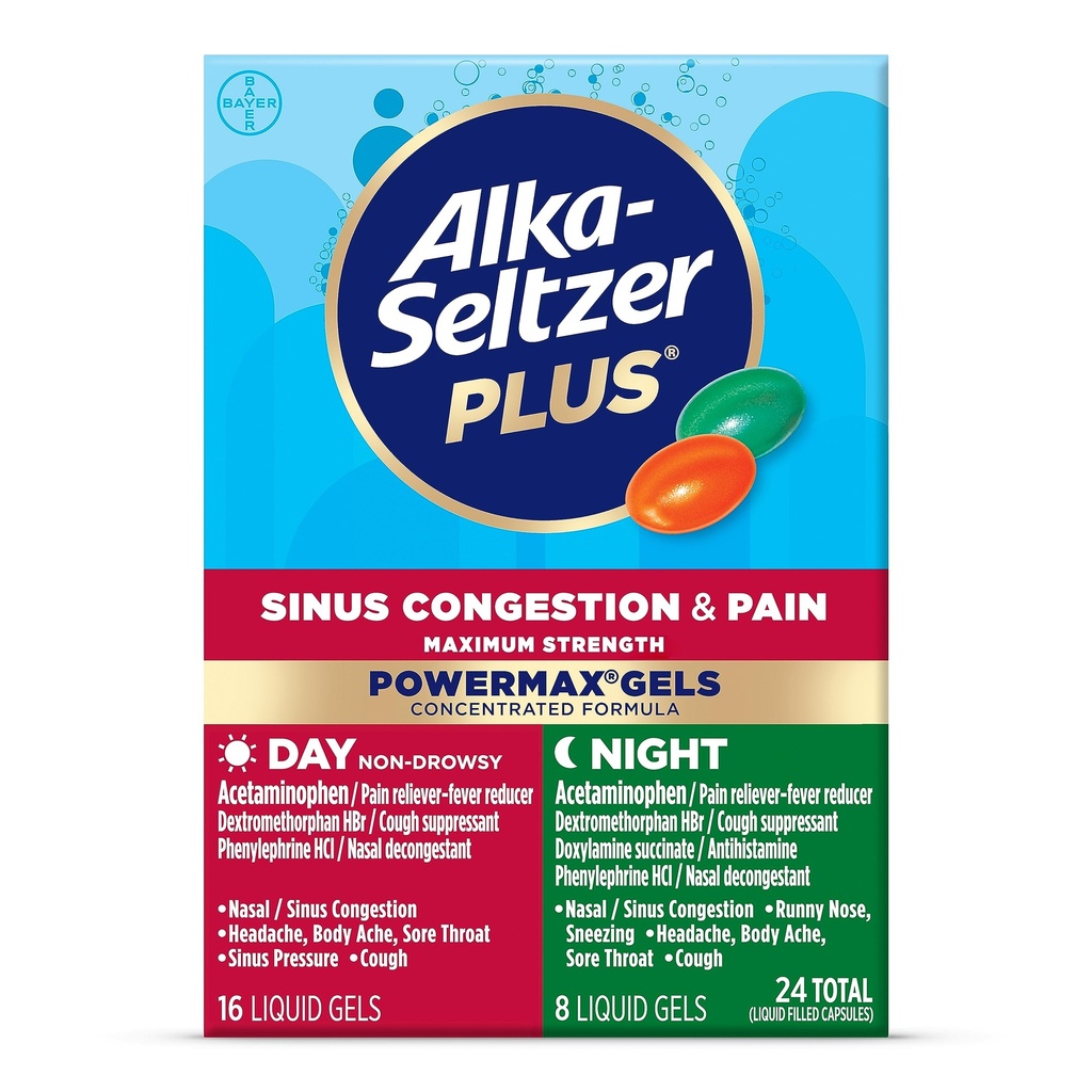 Alka-Seltzer Plus Maks styrke PowerMax Sinus Congestion & Pain Medicine, dag + natt flytende geler - kraftig relief for kulde og influensa, + Sinus Congestion for voksne og barn 12+ År, 24 Antall