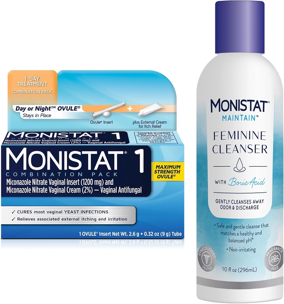 Monistat 1 dag Yeast Infeksjonsbehandling for kvinner, 1 Mikonazole Ovule Sett & ekstern Monistat Anti-Itch Cream Bundle + 10 fl oz Boric Acid Feminin Cleanser