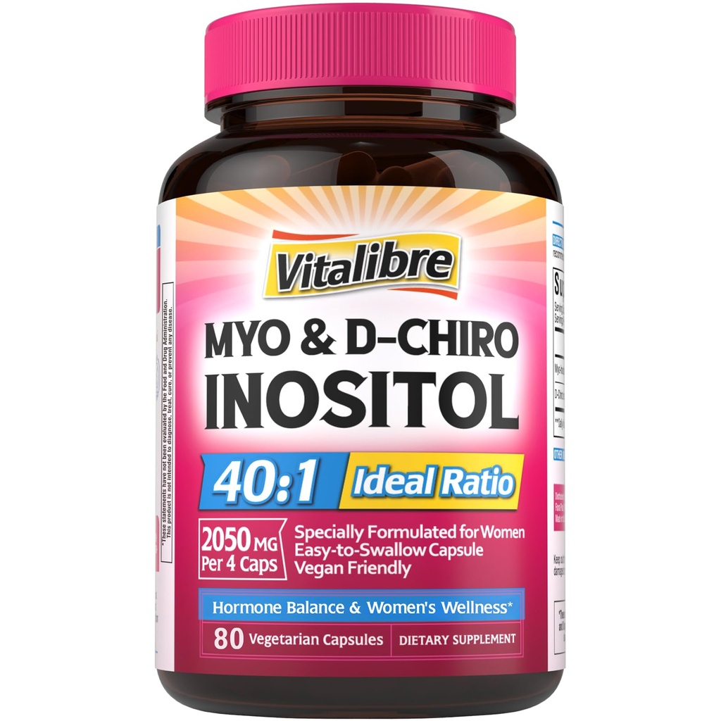 Inositol Supplement, Myo-Inositol & D-Chiro Inositol Fertilitet kosttilskudd for kvinner, 40:1 Ideell forhold, hormonbalanse og ovarian støtte, 80 Vegan Kapsler
