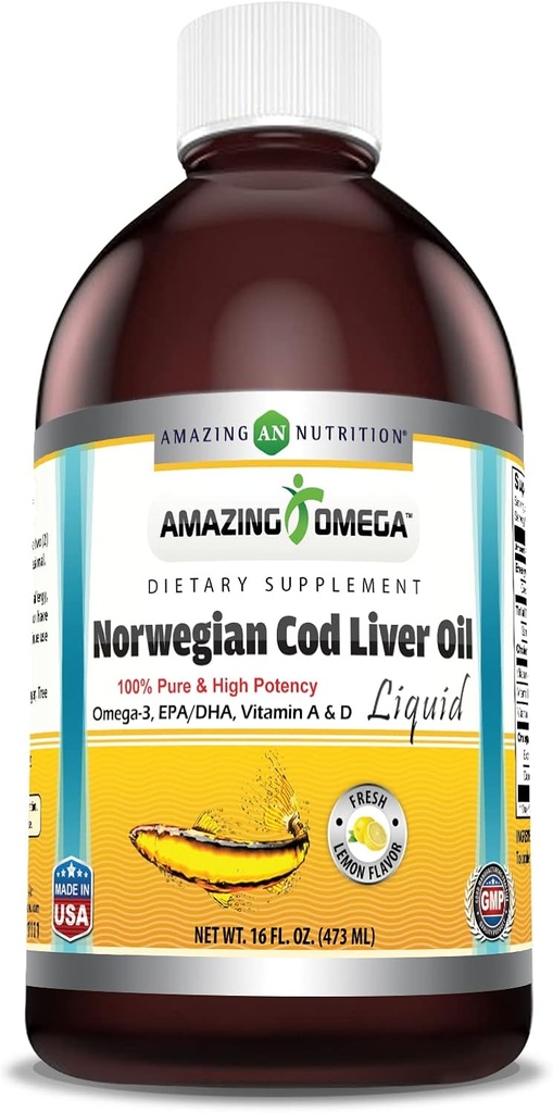 Amazing Omega Norwegian Cod Liver Oil 16 Oz 473 ml Supplement | Lemon Flavor | Ekstrakt under strenge kvalitetsstandarder fra rundt vannet i Norge | Ikke-GMO | Glutenfri