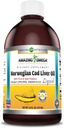 Amazing Omega Norwegian Cod Liver Oil 16 Oz 473 ml Supplement | Lemon Flavor | Ekstrakt under strenge kvalitetsstandarder fra rundt vannet i Norge | Ikke-GMO | Glutenfri