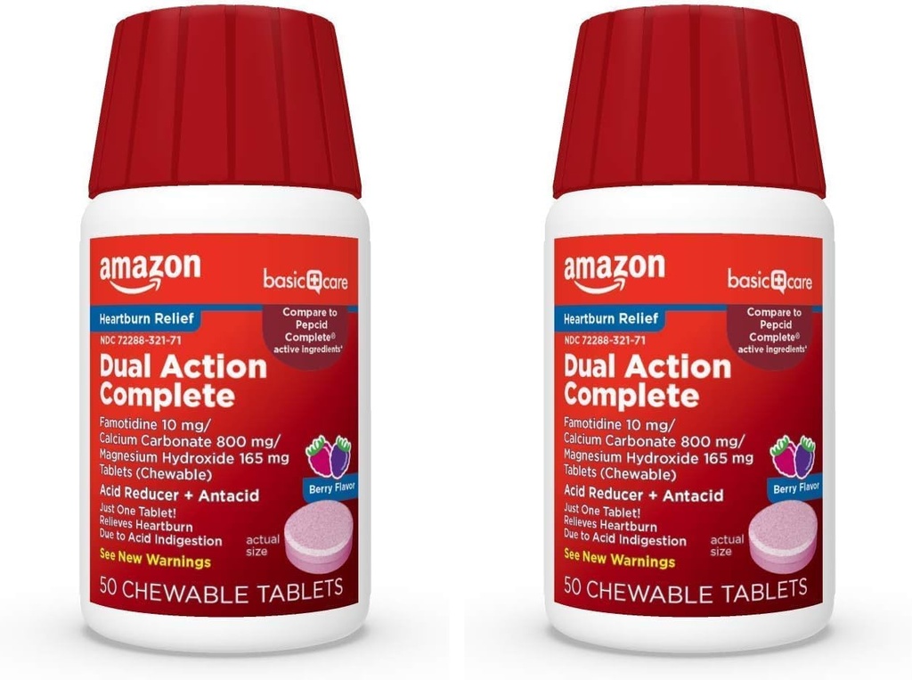 Grunnleggende Care Dual Action Komplett, Chewable Acid Reducer Plus Antacid Tabletter, Berry Flavor, Heartburn Medisin, Acid Indigation Relief, 50 Count (Pack of 2)