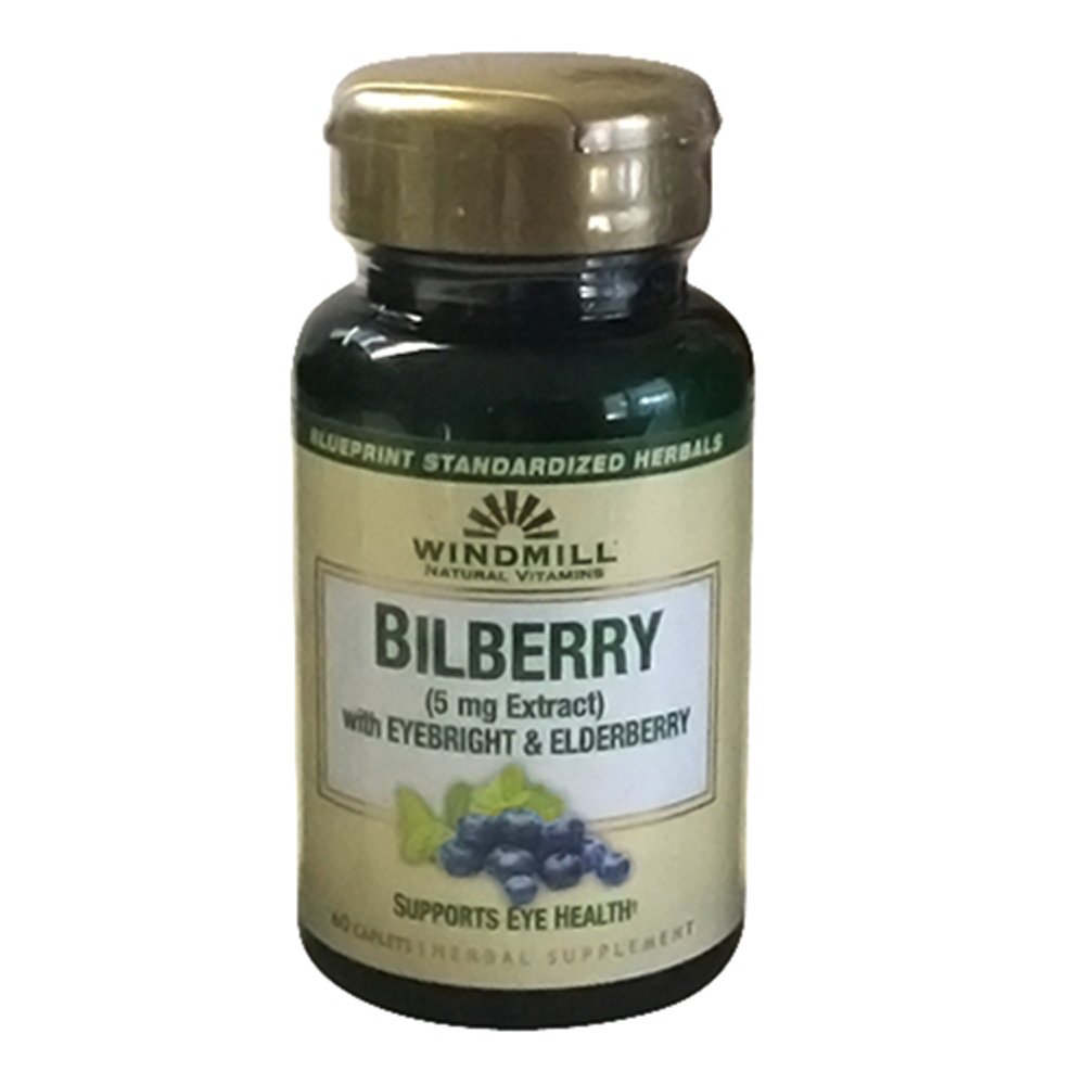 Vindmølle Bilbær 5 mg Ekstrakt Caplets, Med Eyebright & Elderbær støtter øye helse, 60 Ea