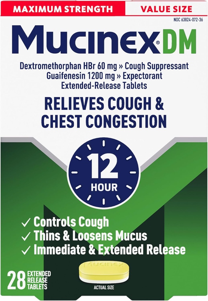 Mucinex Cough Suppressant og Forventerant, DM Maksimum styrke 12 timers tabletter, 28ct, 1200 mg Guaifenesin, lindrer bryst kongestiv, stillhet våt og tørr cough, #1 lege anbefalt OTC Forventning