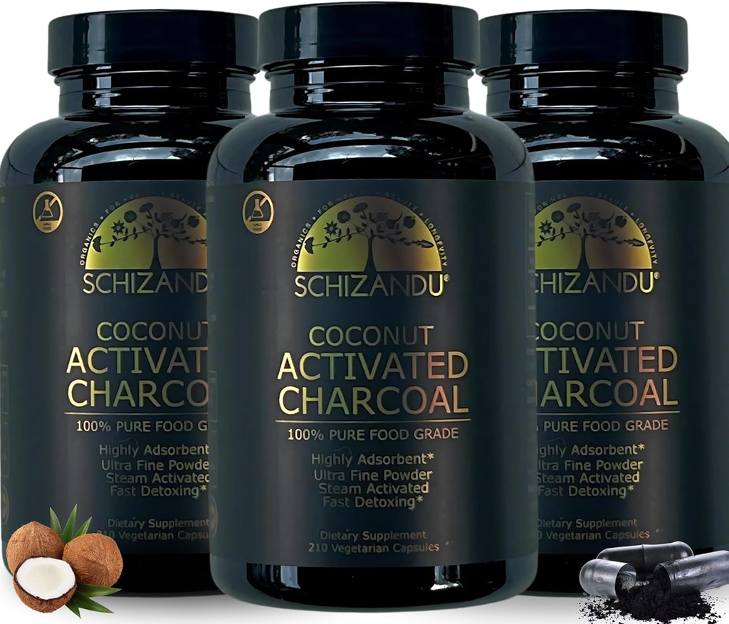 Aktivert coconut Charcoal Capsules- Supports Helse - Vegansk, organisk, ikke-GMO, Ingen additiver - X-stor flaske 210 Count - Pakke med 3