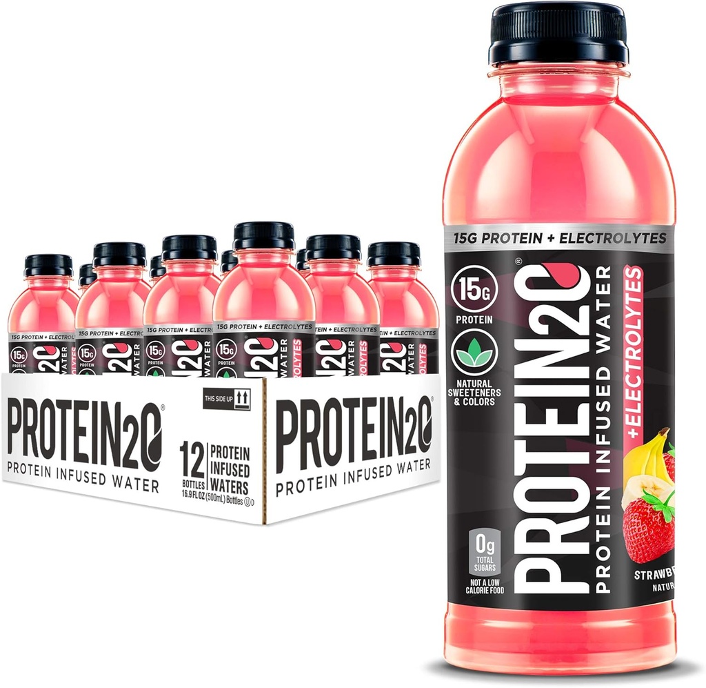 Protein2o + Elektrolytter, lavt kaloriproteininfisert vann, 15g Whey Proteinisolat, Strawberry Banan, 16,91 fl oz (pakke med 12)