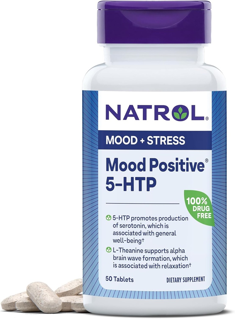Natrol Mood Positive 5-HTP og L-Theanine for balansert humør og avslapning, 50 tabletter, opp til 50 dagers forsyning