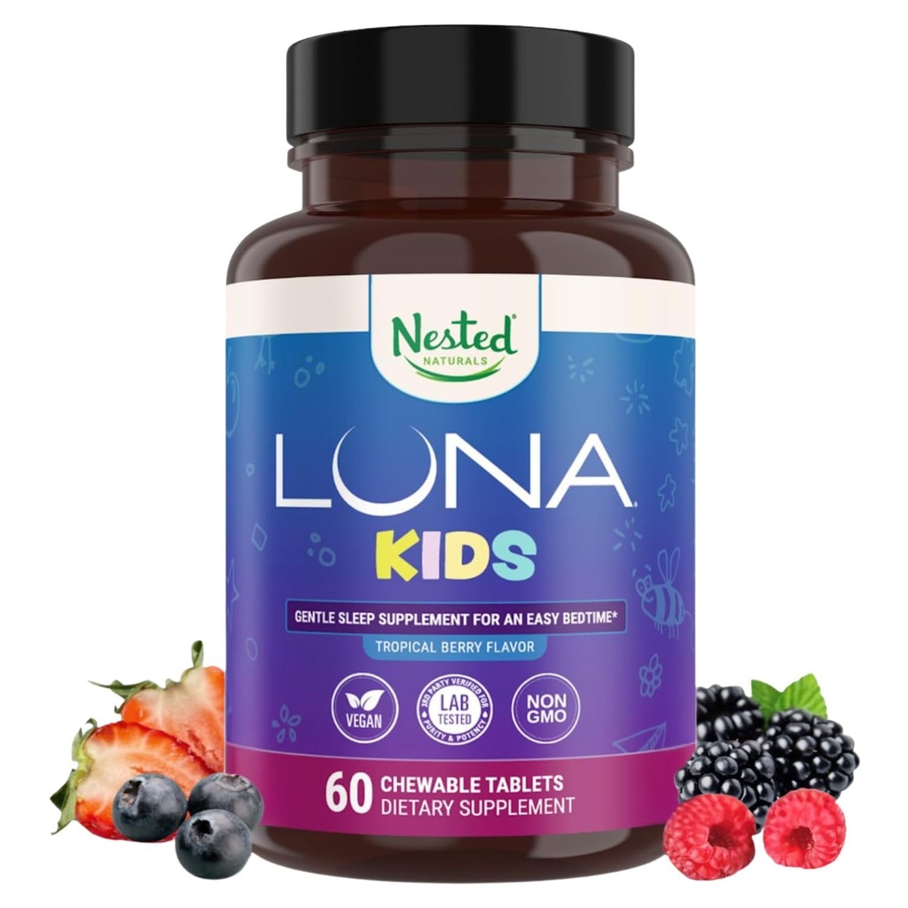 LUNA Kids | #1 Sleep Aid Tabletter for barn 4+ og sensitive voksne | naturlig kildede ingredienser | 60 x Chewable piller | Gentle, Herbal Supplement med kamille, Melatonin, Valerian & Lemon Balm