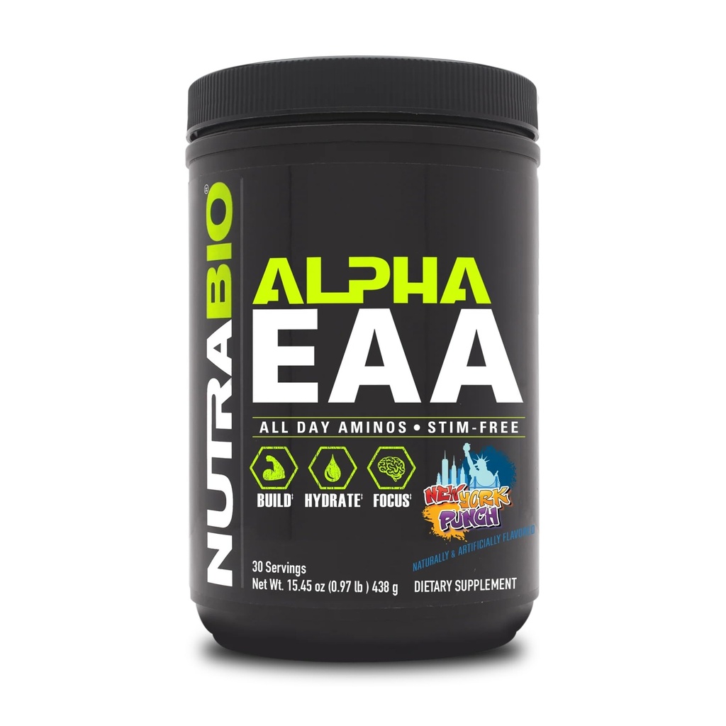 NutraBio Alpha EAA - hele dagen Aminosyrer for muskelvekst og hydrasjon - essensielle aminosyrer med nootropics & Adaptogens- Full Spectrum EAA BCAA pulver - 30 serveringer - New York Punch