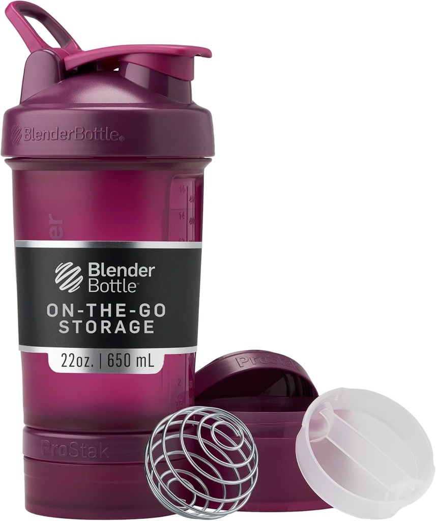 BlenderBottle Shaker flaske med pilleorganisator og lagring for proteinpulver, klassisk V2 ProStak System, 22-Ounce, Plum