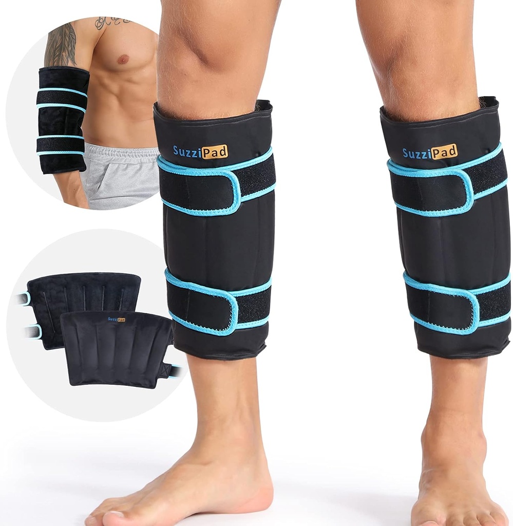 SuzziPad 360° Kald pakke for kalv, skinn, arm og elbow - Is Wrap with Dual-Cover Design, Justerbare Velcro stropper, Leakproof & Reusable Cold Compress for Post-Workout Recovery (2 Pakker), Svart