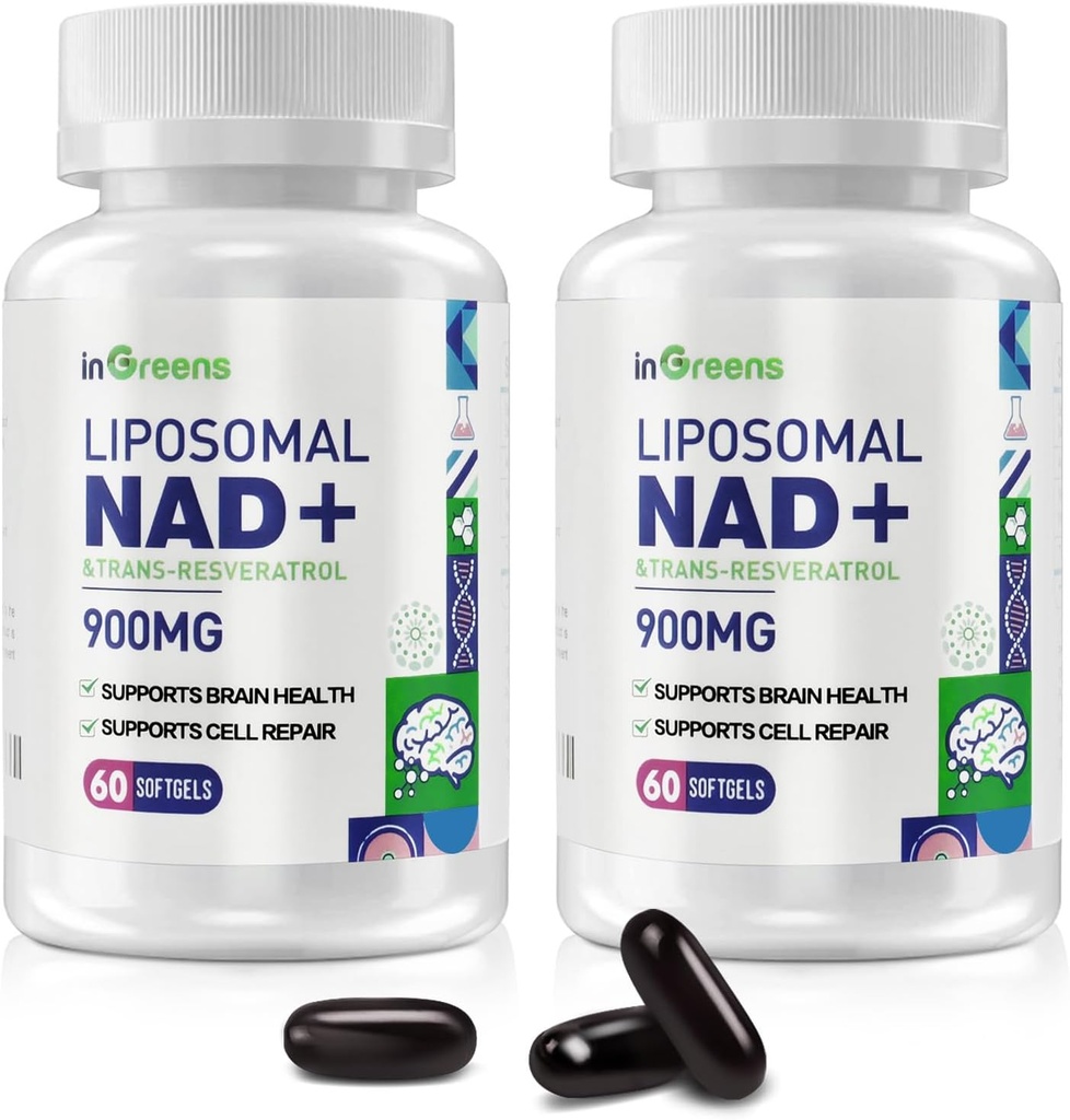900 mg Liposomal NAD+ Supplement med Trans Resveratrol 300 mg, erstatter NMN, Superior Absorpsjon, True NAD Plus Supplement for DNA Repair og Boost NAD+, Aging Defense, Energi, 120 Softgels, 2 pakke