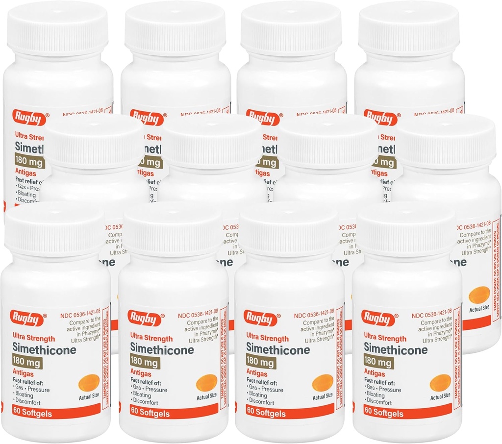 Rugby Ultra styrke simetikon gass relief 180 mg - Maksimal gass relief for voksne - kan hjelpe med symptomer på flatulens, blooting, gass fullhet - 60 Softgels (12 pakke)