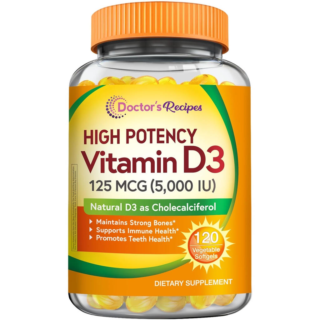 Legens oppskrifter vitamin D3 5000IU, immunstøtte for bein, tenner og immunfunksjon, ikke-GMO, Ingen gelatin, gluten eller soya, 120 vegetariske softgels