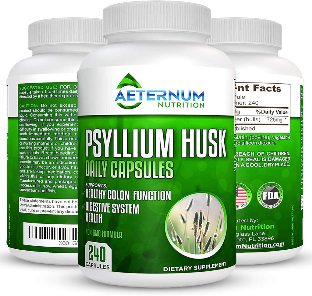 Aeternum Psyllium Husk Caps USA laget - Premium Alt Naturlig Fiber Supplement - 240 Husk Powder Capsules 725 mg per servering, støtter Sunn Digestive System - Alt Naturlig 100% Oppløselig