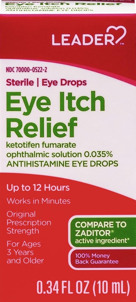 LEADER sterile øyedråper for øyeallergi og klør relief, ketotifen antihistaminløsning 0,035%, fungerer i minutter, opp til 12 timer, reseptstyrke 0,34 oz