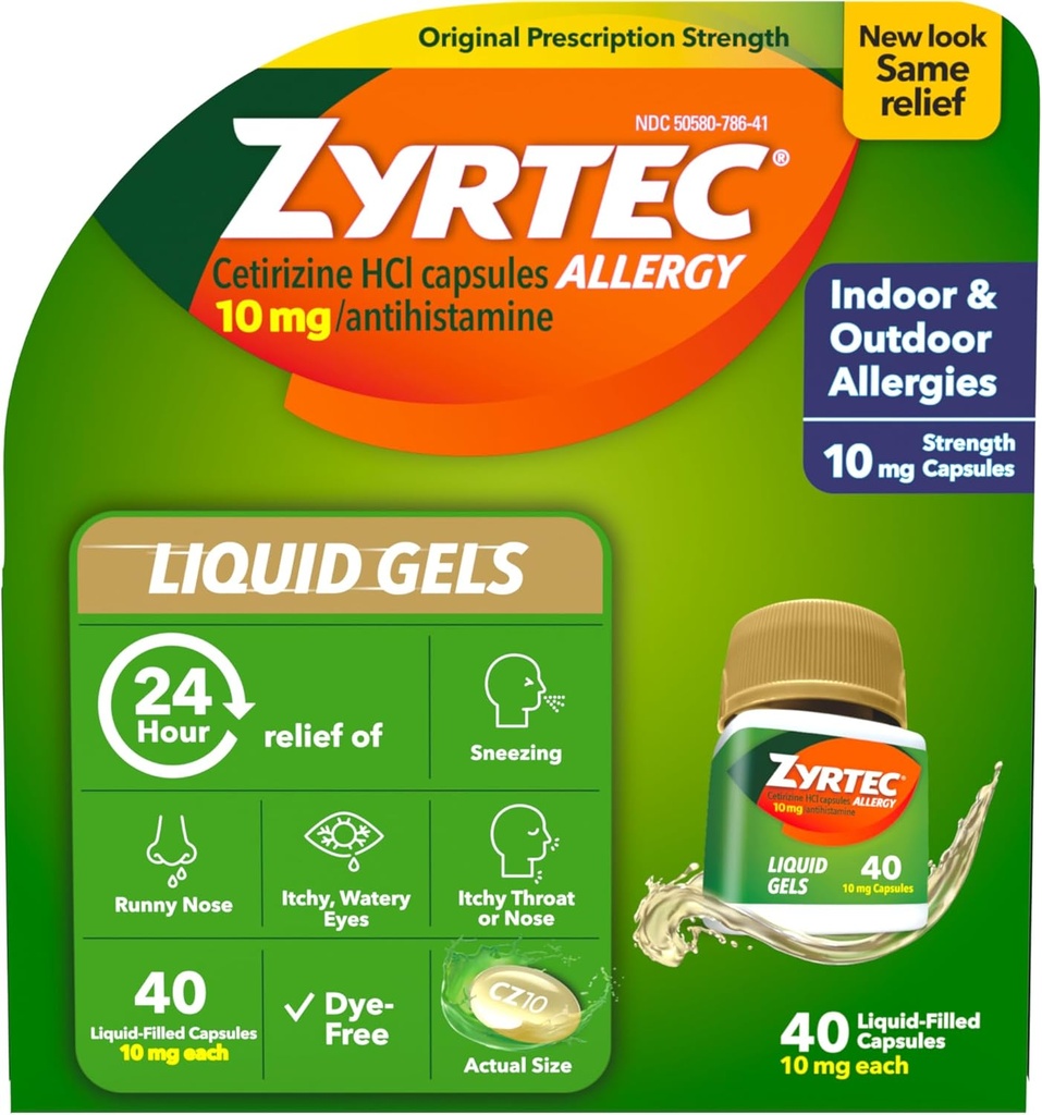 Zyrtec 24-timers allergi relief flytende geler, antihistaminer kapsler med cetirizin HCl Allergi medisin for hele dagen relief fra renny nese, nysing, kløende øyne og mer, 40 teller