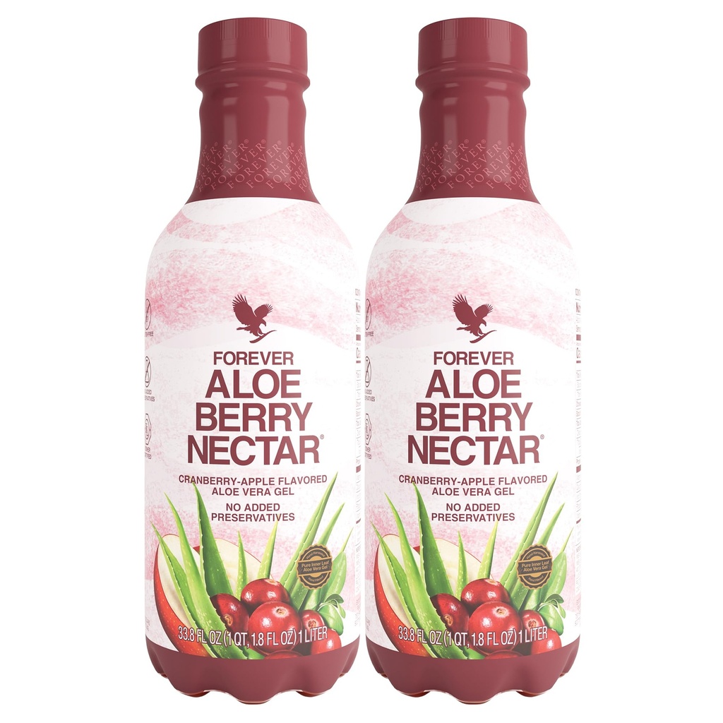 Forever Living - Aloe Berry Nectar - 90,7% Pure Aloe Vera Gel med tranebær og epler - Ingen preservatives - 1L (Pack of 2)